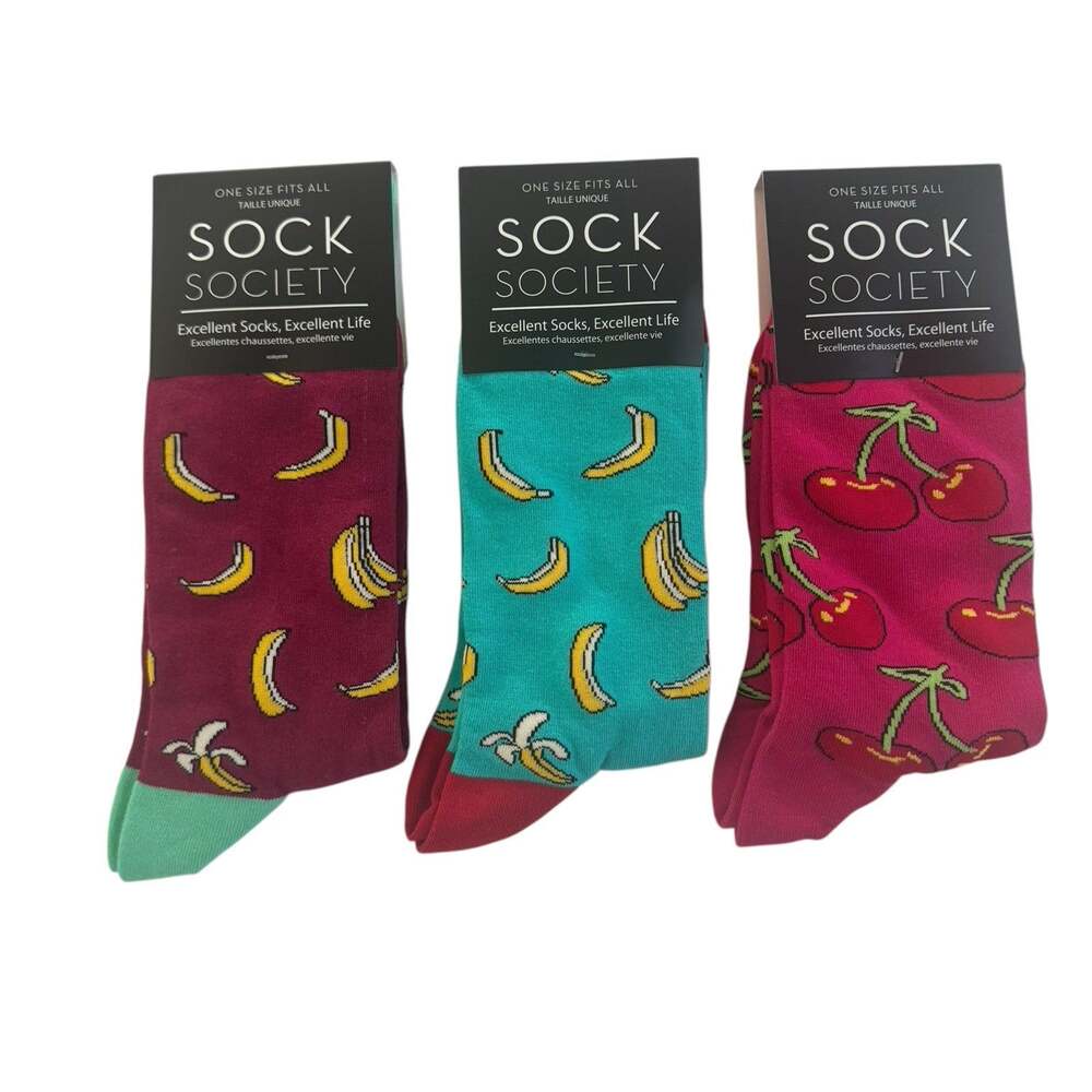 Sock Society Bananas Cherries Unisex LOT Of 3 Pink Red Aqua - Great GIFTS